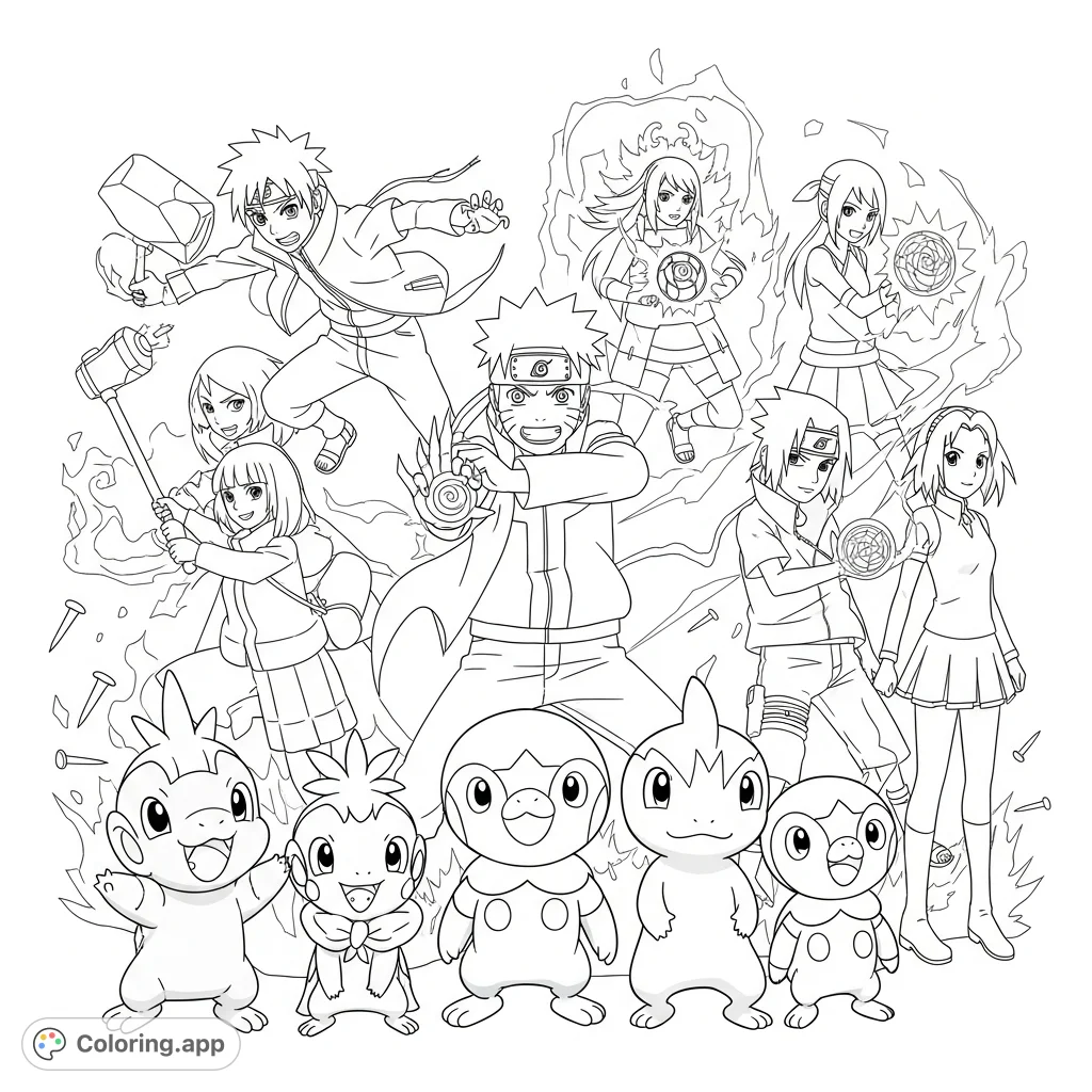 An epic anime crossover coloring page featuring Yuji, Naruto, Megumi, Sasuke, Nobara, and Sakura in a dynamic battle with Pokémon starters. Free printable action scene.