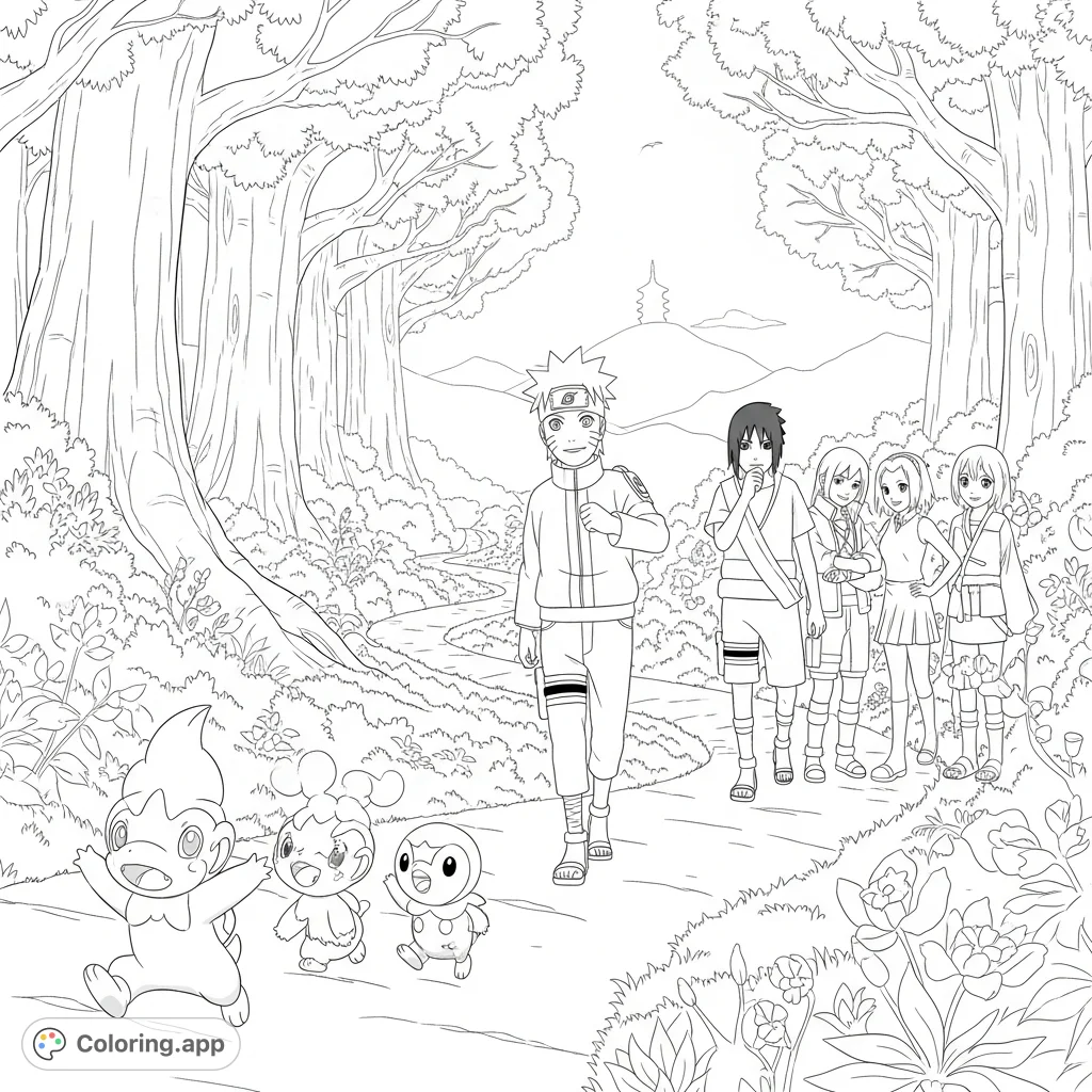 Iconic characters and Pokémon traverse a mystical forest path, blending worlds in an epic adventure. Perfect for fans to bring to life.