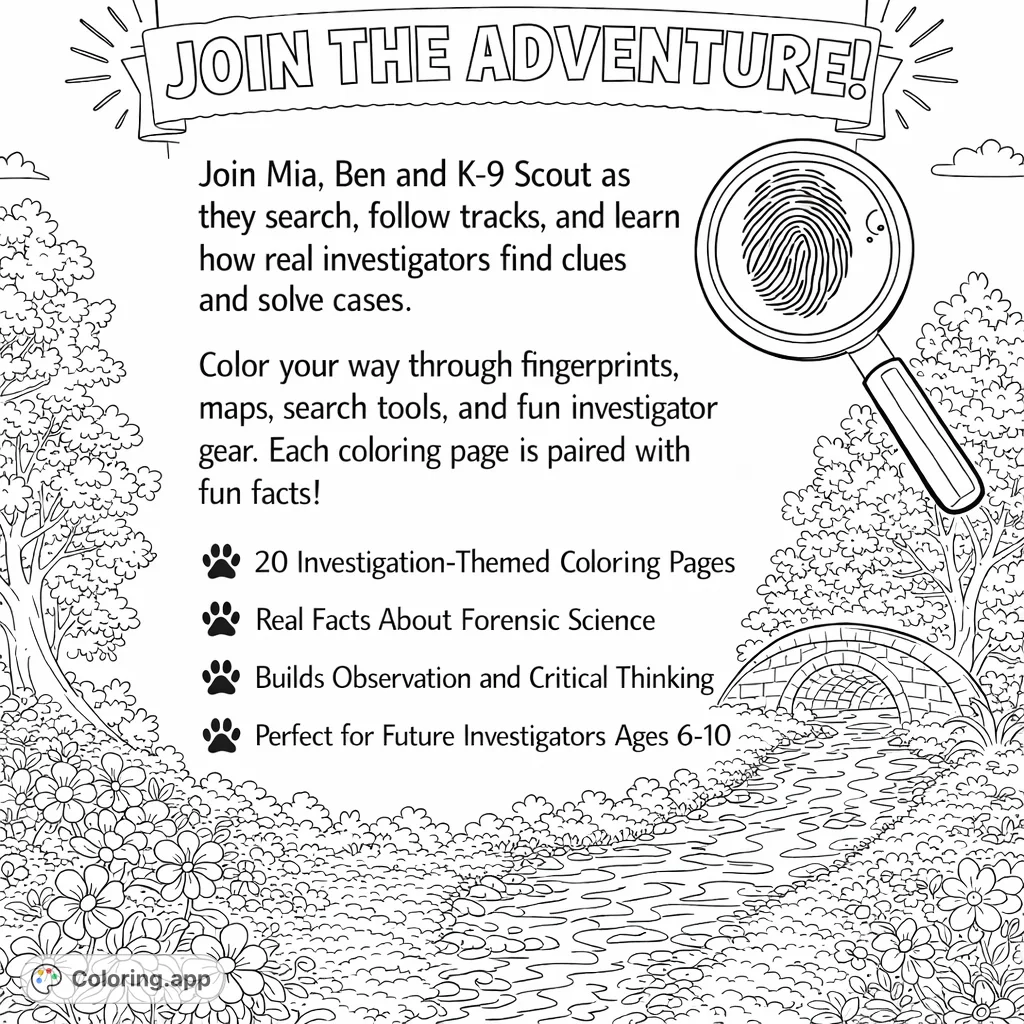 Explore a detailed landscape with a winding path, stone bridge, and abundant flowers. A magnifying glass with a fingerprint hints at a captivating investigation adventure.