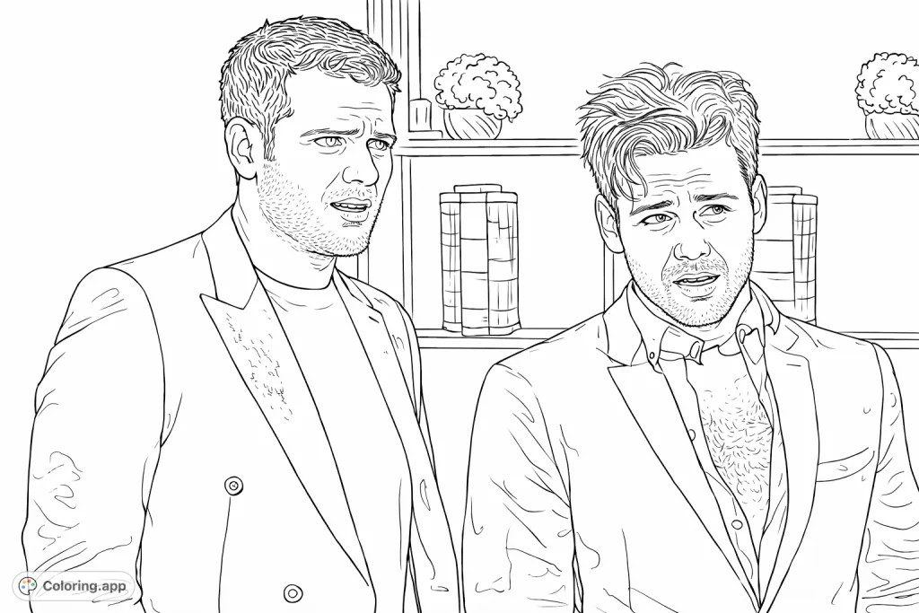 Capture the intriguing expressions of two men in jackets with this compelling portrait coloring page. Perfect for character study and emotional depth.