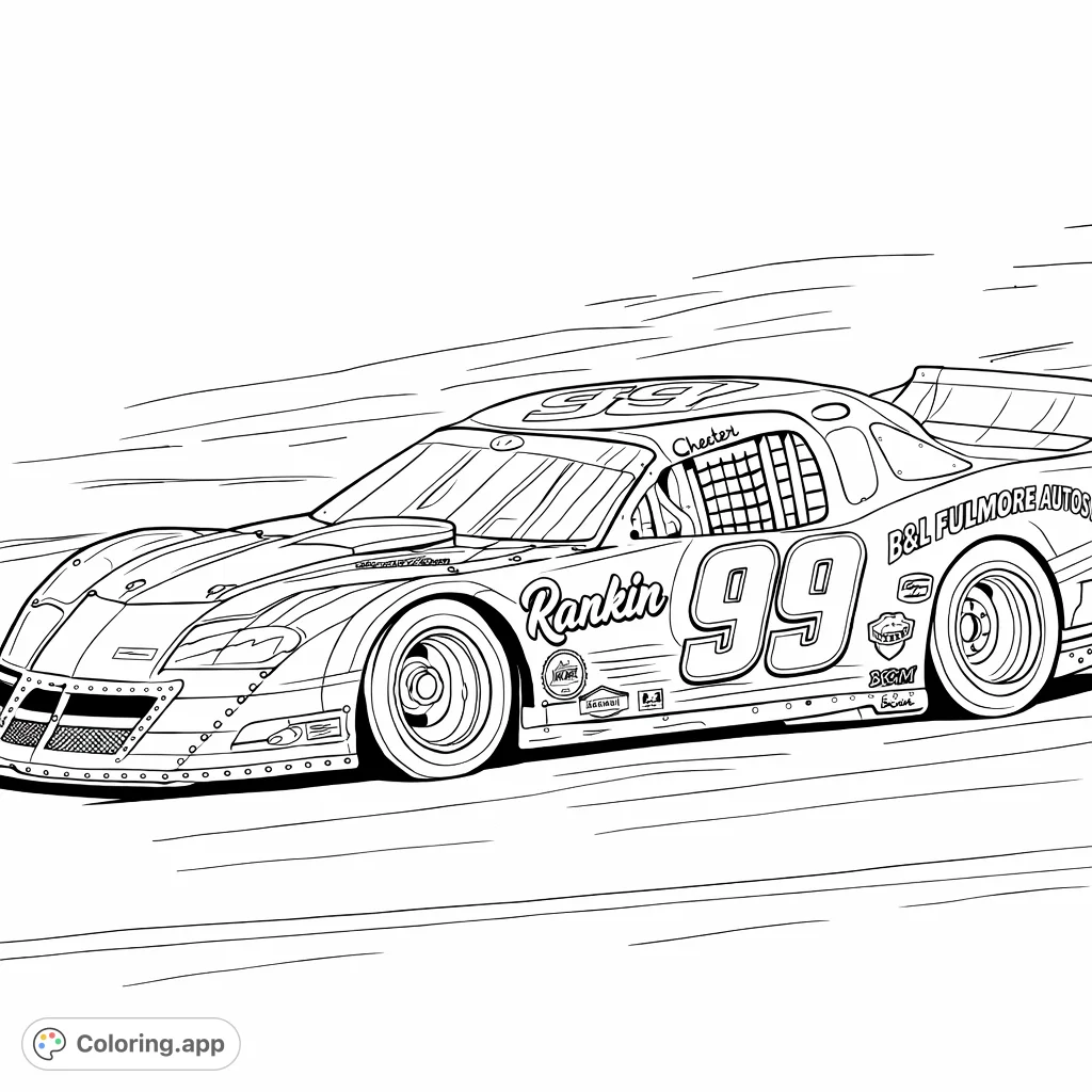 Experience the thrill of speed with this race car coloring page. A powerful stock car, covered in numbers and logos, zips across the track.