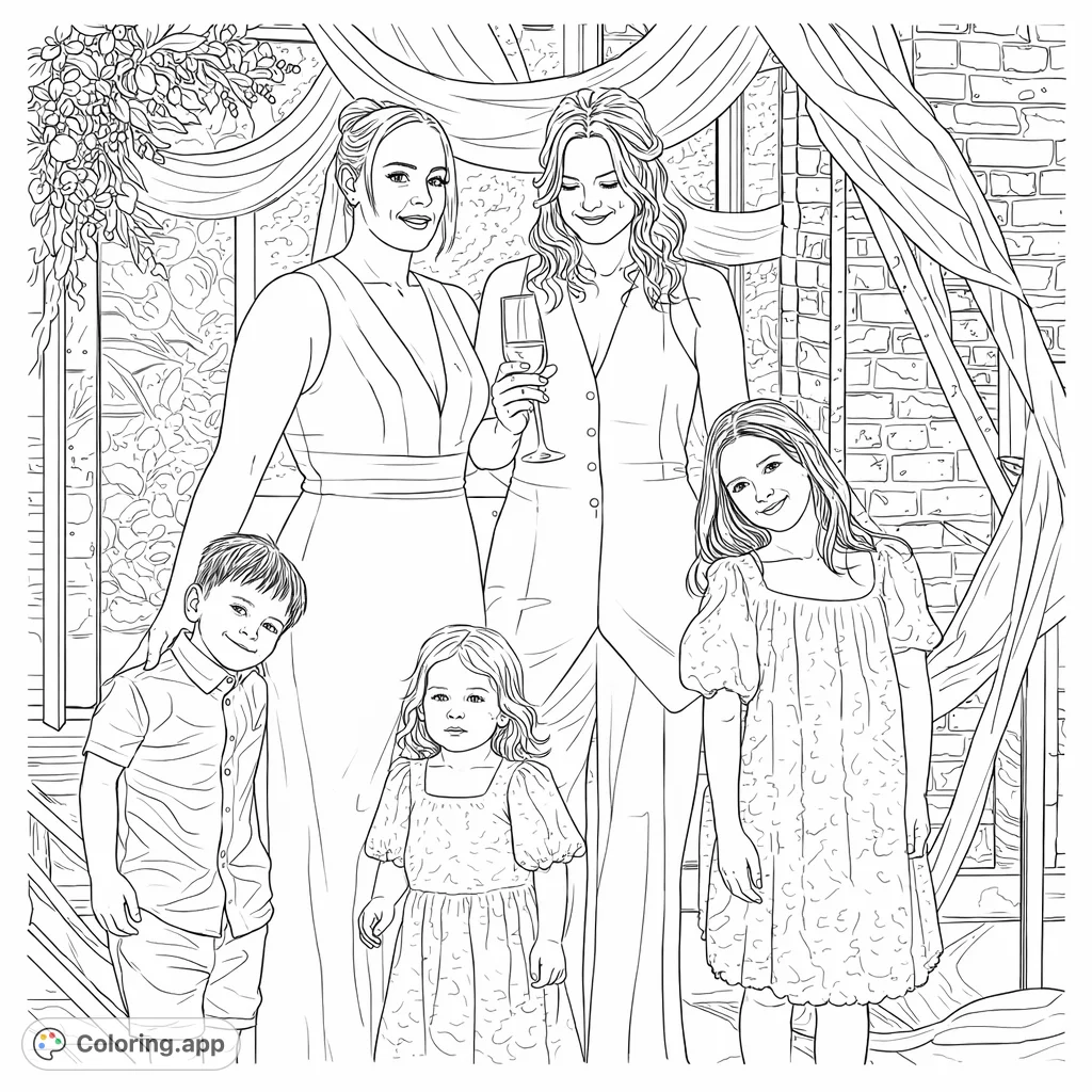 Capture a heartwarming family moment with two adults and three children. This joyful scene features textured garments and a decorative background, perfect for creative coloring.