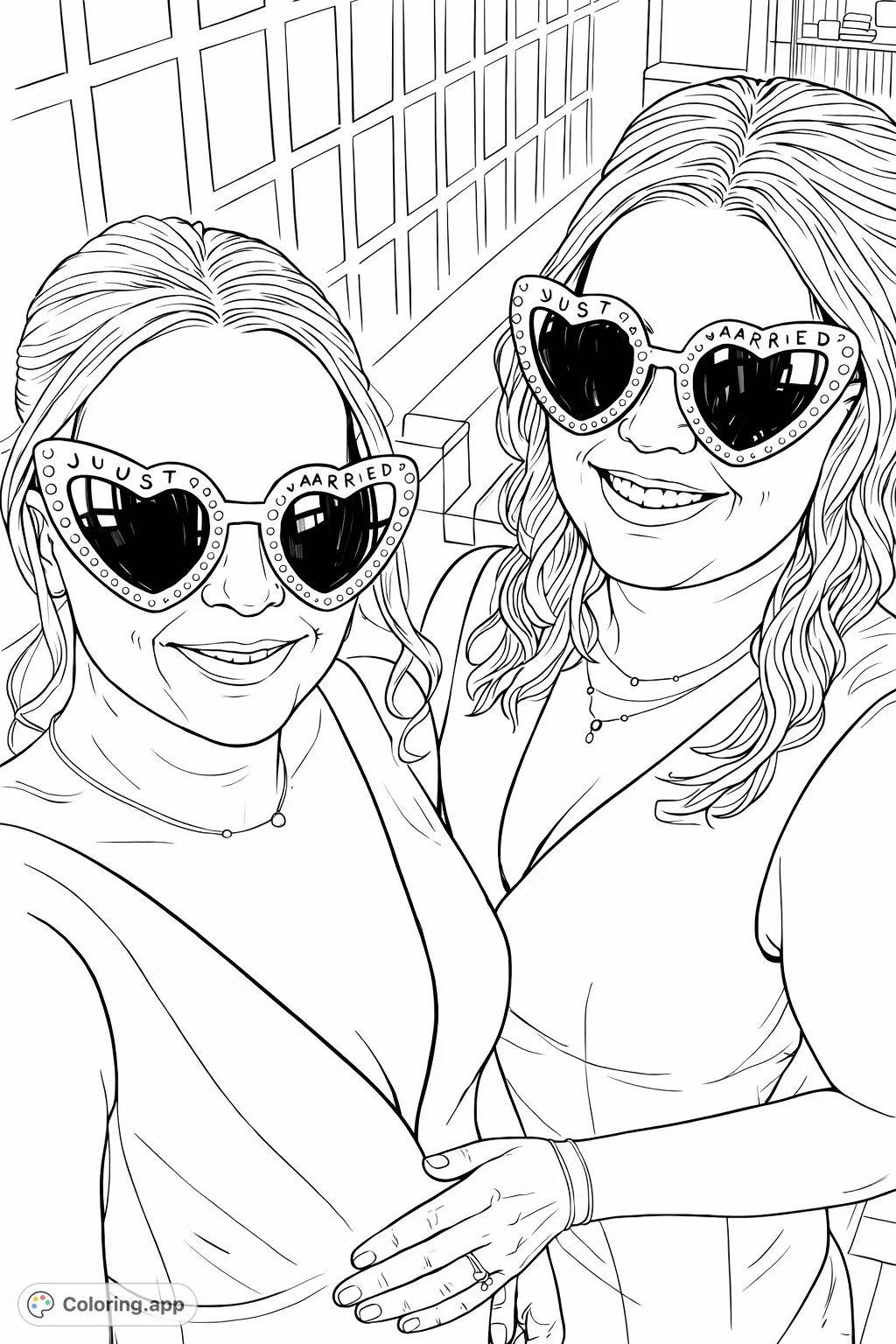 Celebrate new beginnings! Two women sporting fun 'Just Married' heart sunglasses and smiles against a paneled backdrop.