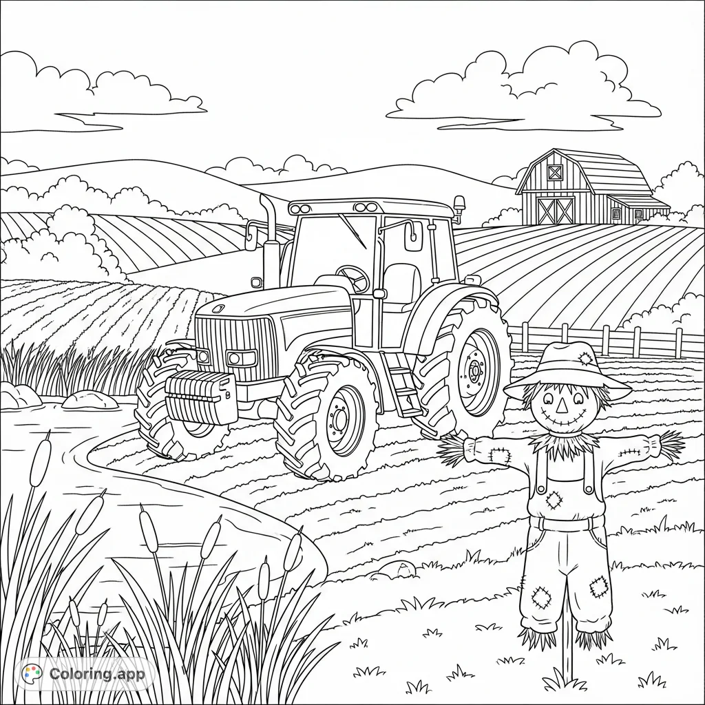 Explore a charming farm coloring page featuring a robust tractor, a tranquil pond, and a friendly scarecrow. Perfect for nature and farm enthusiasts!
