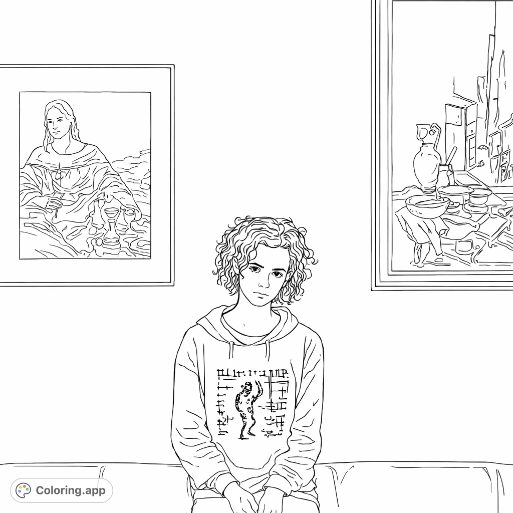 A young individual with curly hair sits on a textured couch, framed by two detailed artworks on the wall. A unique graphic print adorns their hoodie.