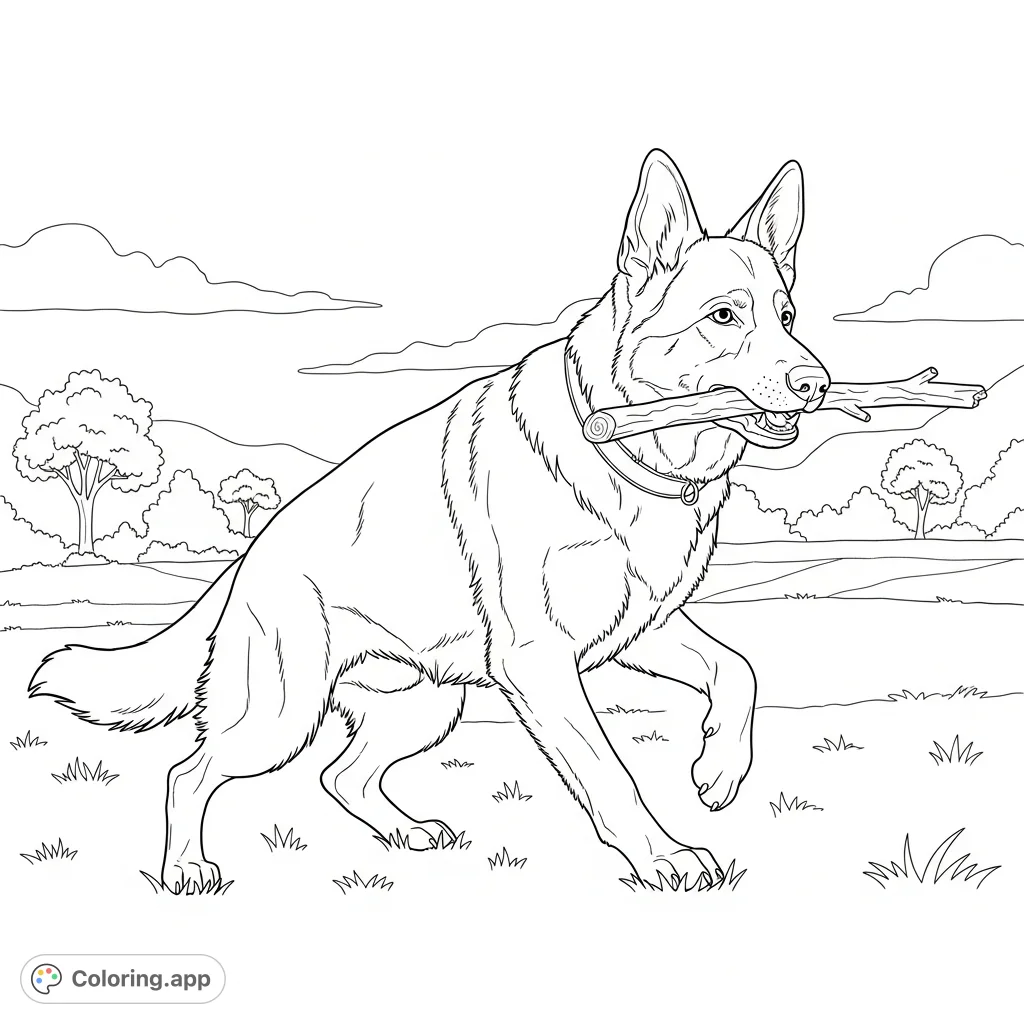 A majestic German Shepherd engages in a playful game of fetch, focused on a stick in a grassy outdoor setting. Perfect for dog lovers!