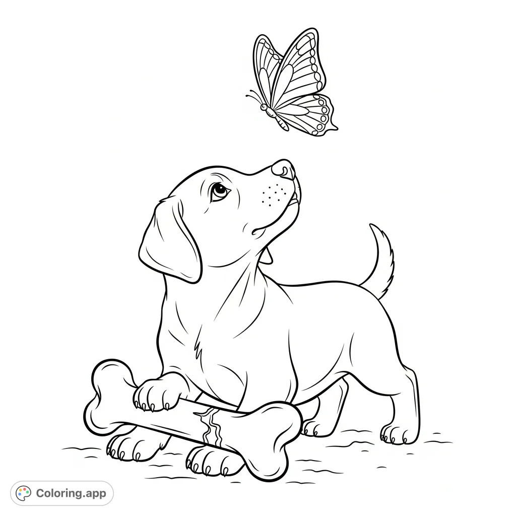 A charming puppy pauses from chewing its bone, looking up with curious eyes at a fluttering butterfly, inviting imaginative coloring fun for kids.