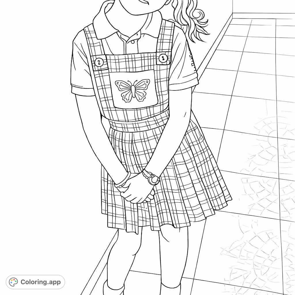 A charming coloring page featuring a young student in a plaid uniform jumper adorned with a sweet butterfly applique. Perfect for a fun, detailed coloring session.
