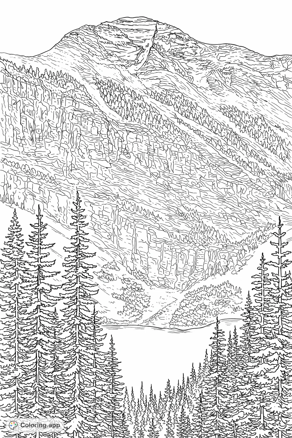 Explore a stunning mountain lake scene with a majestic snow-capped peak, serene waters, and a dense forest. A perfect nature coloring page to relax and unleash creativity.