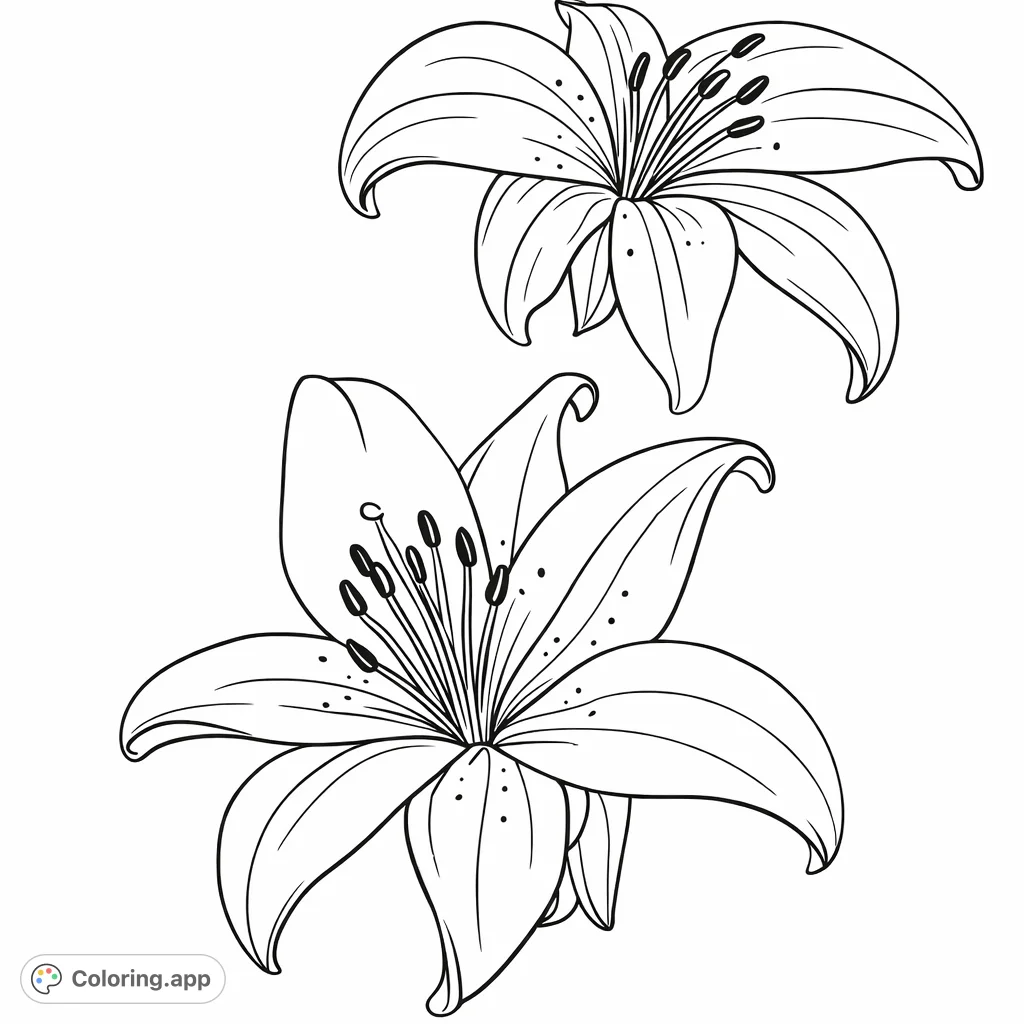 Capture the delicate beauty of two elegant lily blossoms. This botanical coloring page offers intricate details for a relaxing and creative experience.