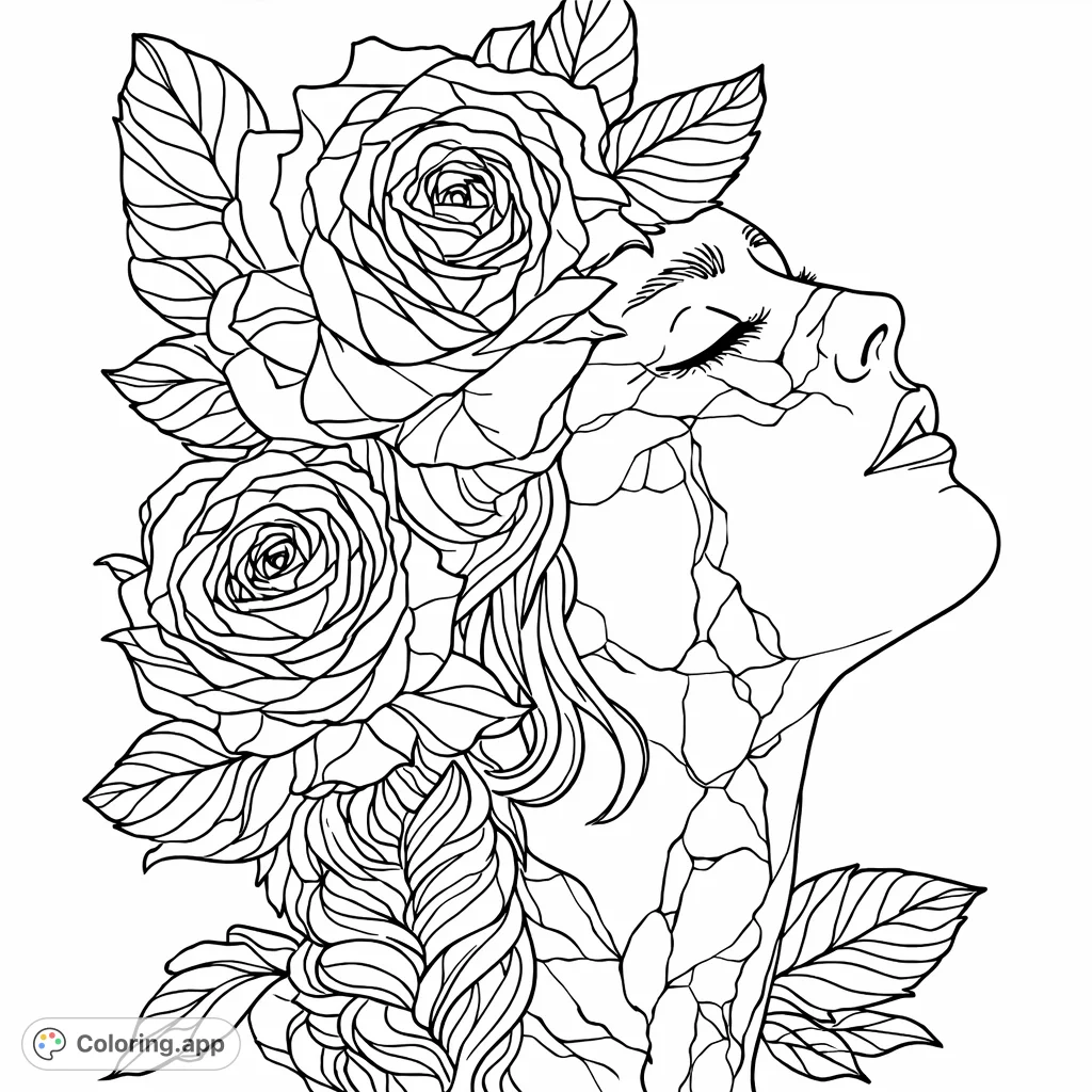 An elegant profile of a woman adorned with intricate roses and leaves, featuring a delicate, fragmented facial structure. A beautiful and complex floral portrait coloring page.