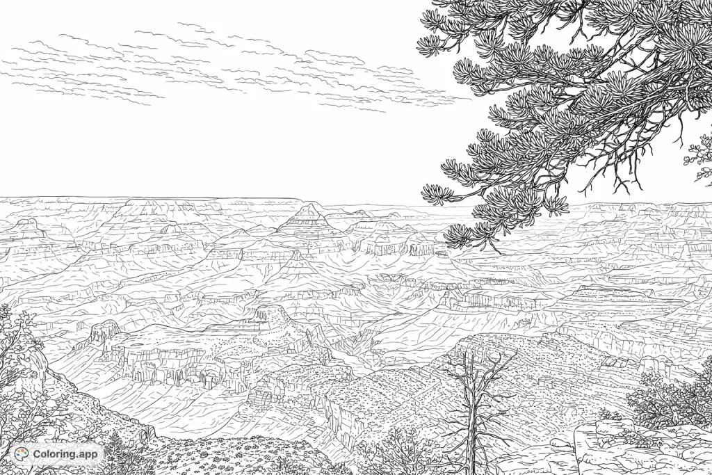 Explore the majestic Grand Canyon with this highly detailed coloring page, featuring vast rock formations, intricate layers, and a sweeping sky. A realistic challenge.