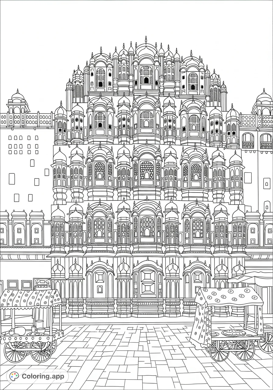 Discover the intricate beauty of Hawa Mahal, Jaipur. This detailed coloring page features ornate jharokha windows and traditional street elements.