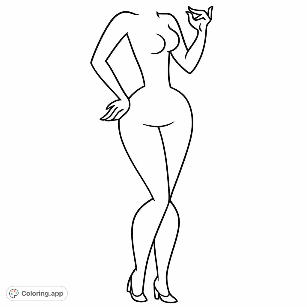 A sleek, stylized female figure with elegant curves, perfect for fashion-forward coloring. Explore personal expression with this unique outline.