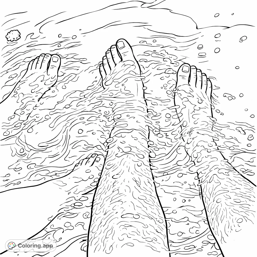 Dip into relaxation with this detailed coloring page featuring feet submerged in rippling water, perfect for a moment of calm and creative expression.