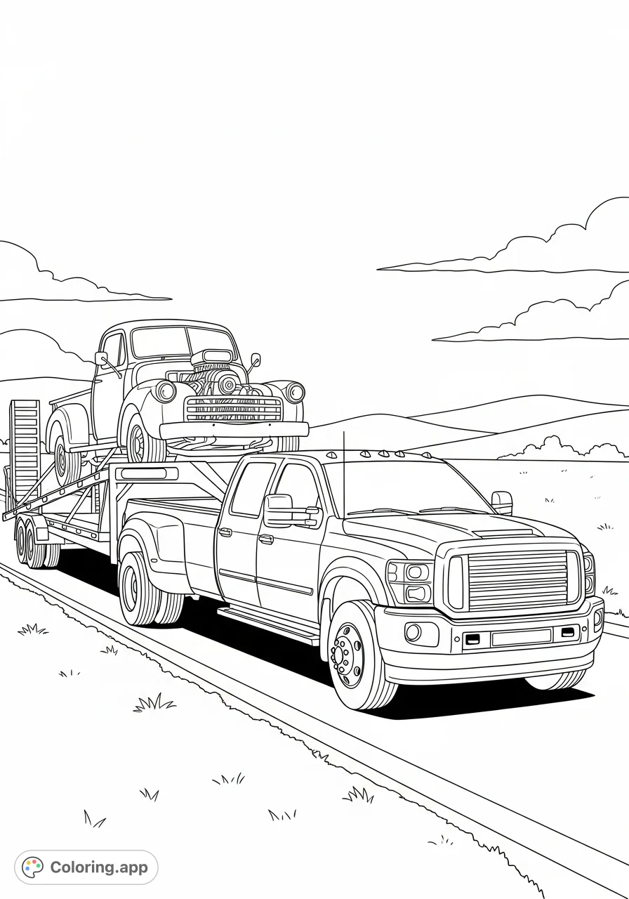 Experience the power of a dually truck towing a classic pickup on a flatbed trailer. A detailed vehicle coloring page, perfect for truck enthusiasts.