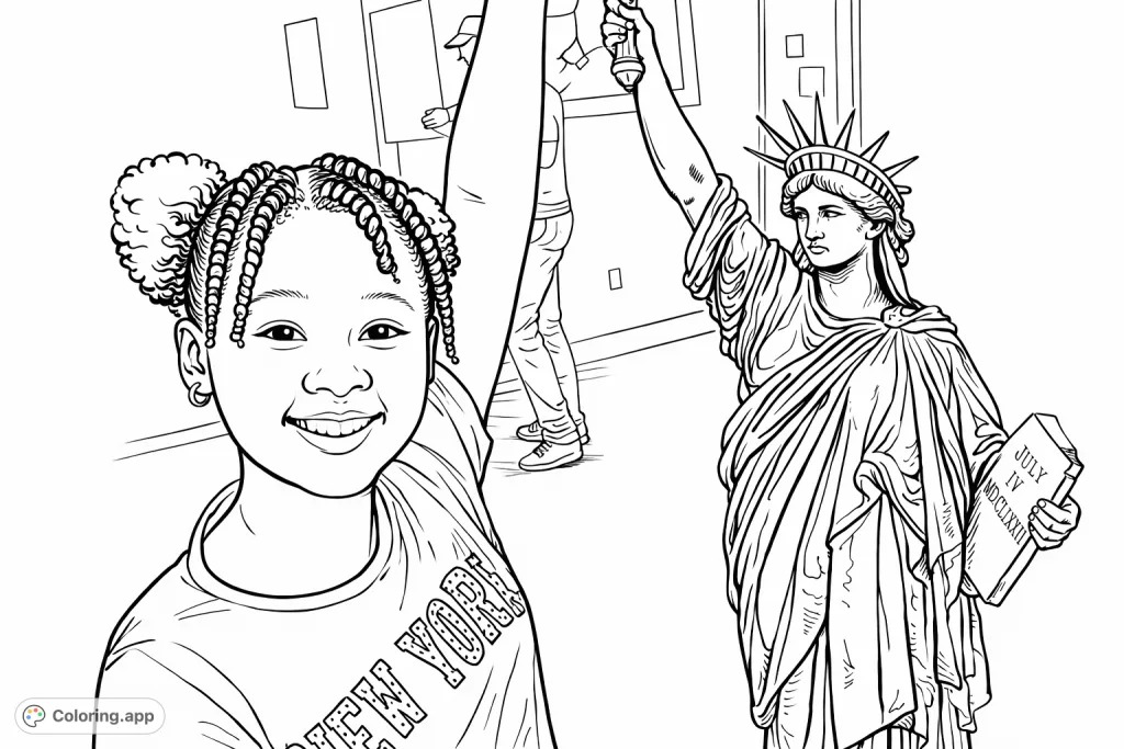 A cheerful girl poses beside a detailed statue resembling a famous symbol of freedom. Perfect for history and cultural exploration!