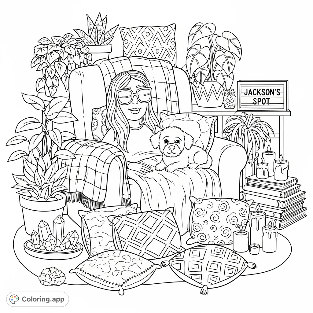 Relax in Nance and Jackson's whimsical cozy corner! A detailed adult coloring page with blankets, books, crystals, and a fluffy dog.