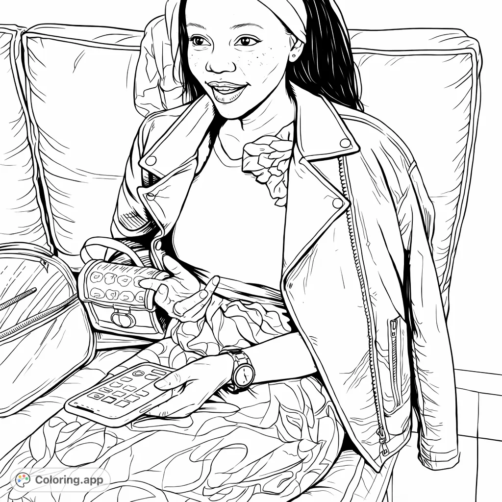 A stylish woman casually poses on a sofa, holding a smartphone. Featuring a textured jacket and expressive patterned attire for a modern coloring experience.