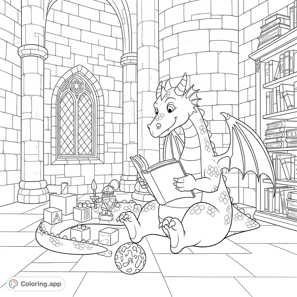 A whimsical fantasy castle dragon coloring page featuring a gentle dragon engrossed in reading surrounded by playful toys and grand castle architecture.