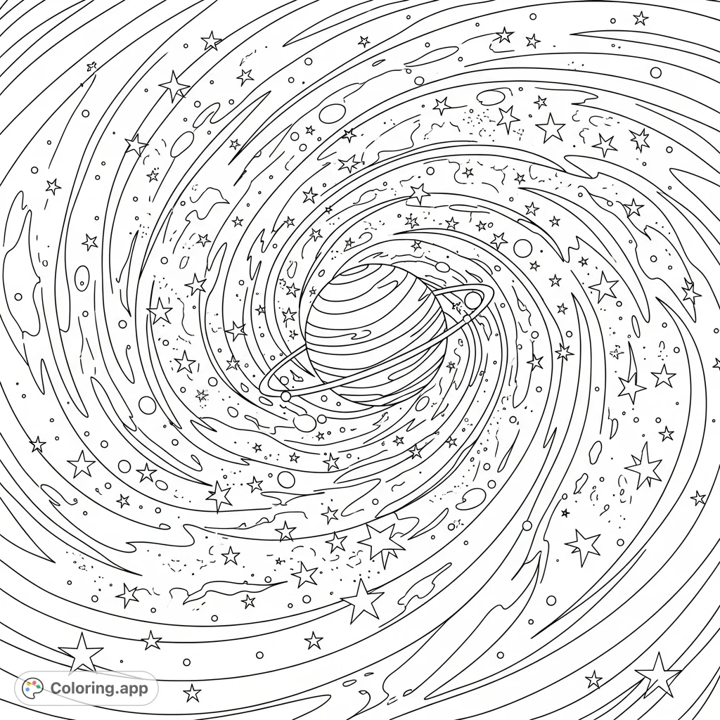 An abstract galaxy coloring page featuring graceful swirls, twinkling stars, and a prominent planet, offering a cosmic escape.