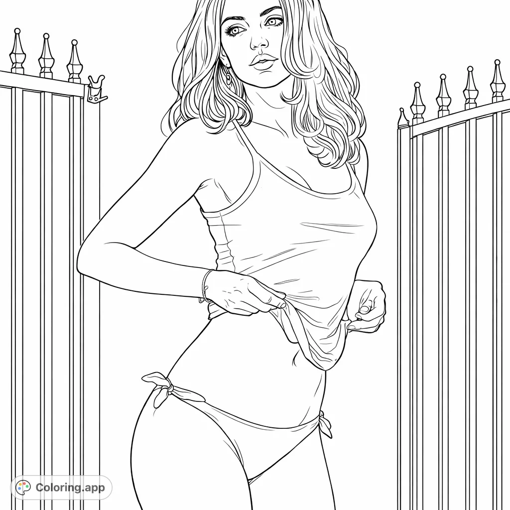 Color a captivating portrait of a woman in a casual pose by an architectural gate. Explore shades for her flowing hair, casual attire, and detailed surroundings.