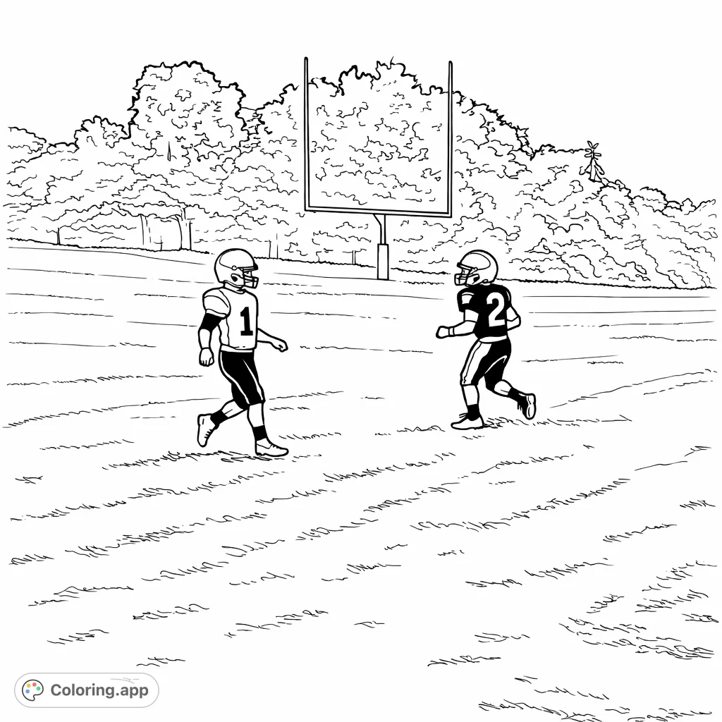 Experience the thrill of a football game with this action-packed coloring page. Two players, a field goal, and an airborne ball await your creative touch!