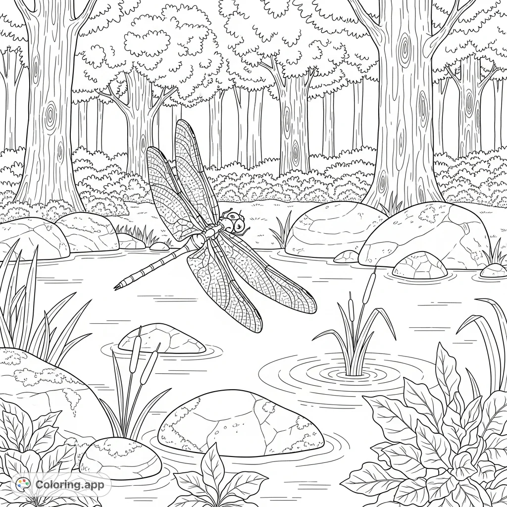 Discover a serene forest pond coloring page with a detailed dragonfly hovering over smooth stones and lush reeds. Perfect for nature enthusiasts!