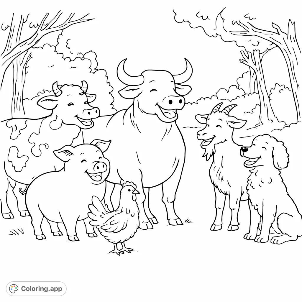 A delightful farm animal gathering featuring a bull, cow, pig, chicken, goat, and dog. Perfect for kids to bring to life with vibrant colors and imagination.