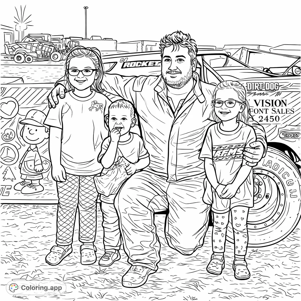 Capture the excitement of race night with this family portrait featuring a racer and three smiling children alongside their powerful dirt track car.