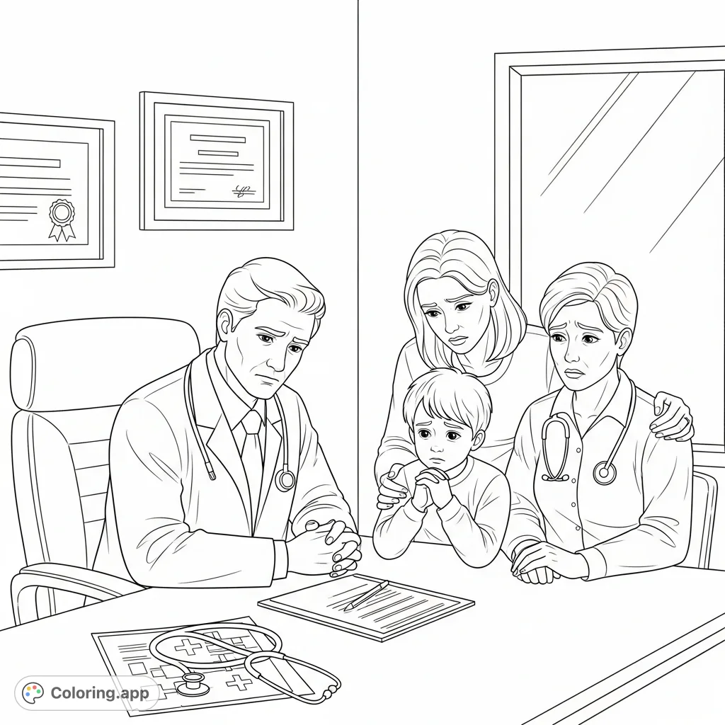 A poignant doctor's office scene where a family receives serious news. Captures emotional depth and human connection, perfect for thoughtful reflection.