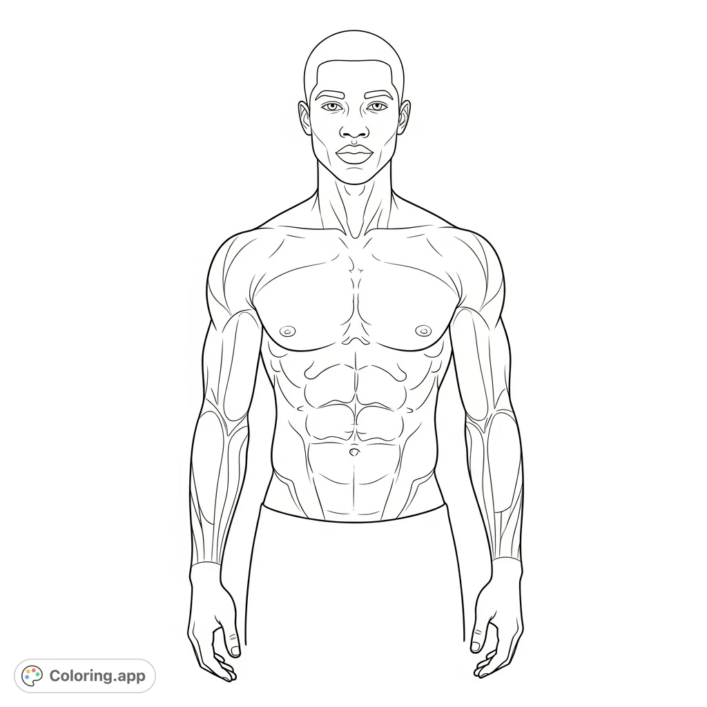 A detailed free printable coloring page featuring a young adult African American man with a lean, sculpted physique, perfect for character study and artistic expression.