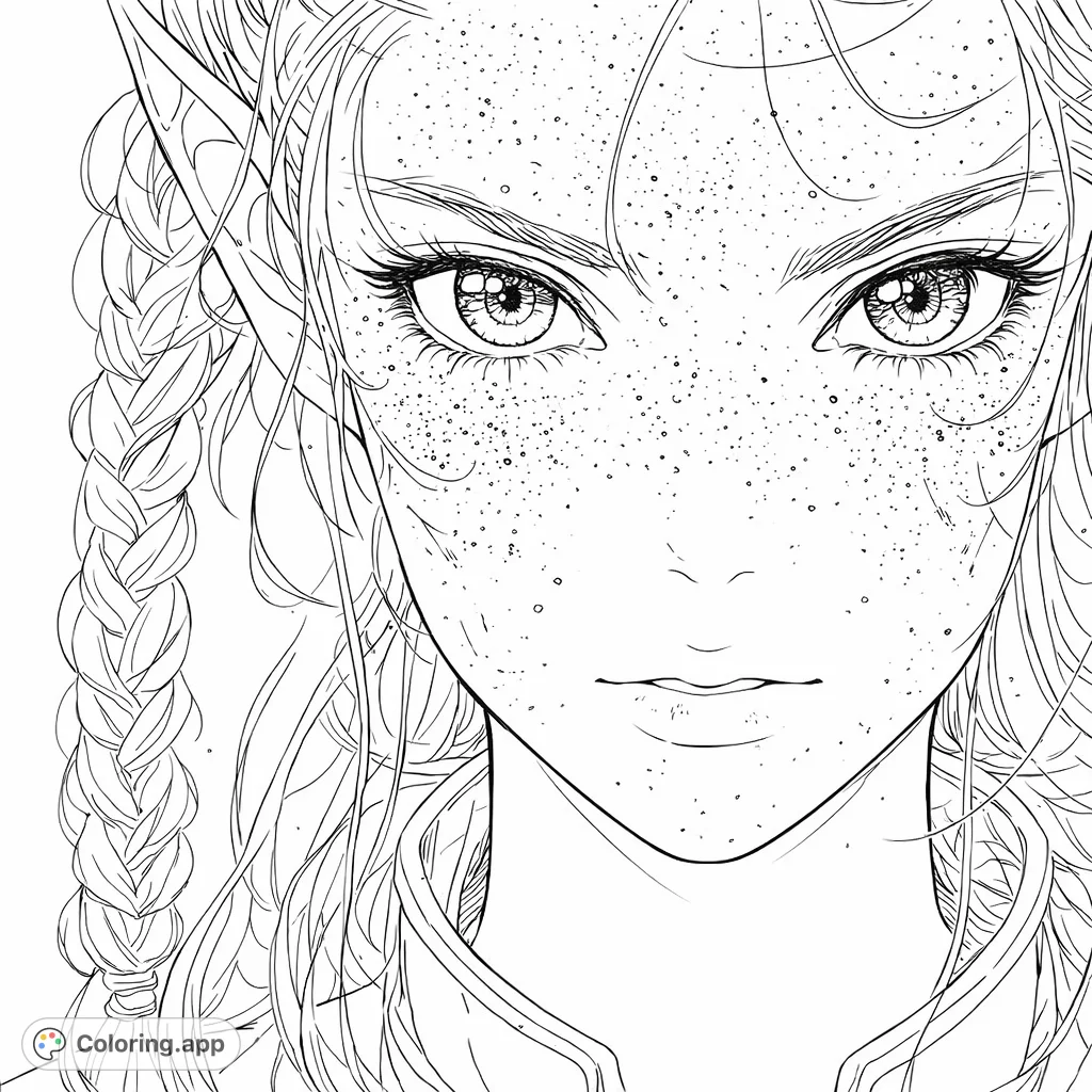 An anime-inspired expressive elf portrait, featuring characteristic eyes and detailed facial features. A captivating fantasy coloring page perfect for adventurers and art enthusiasts.