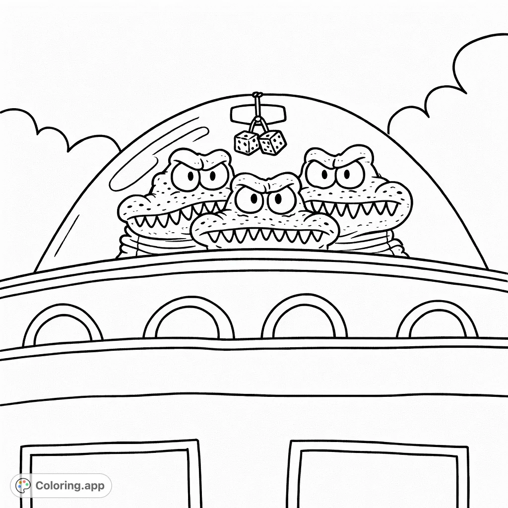 Join three whimsical reptilian creatures on their flying saucer adventure! A fun alien coloring page with detailed characters and a dynamic sky.
