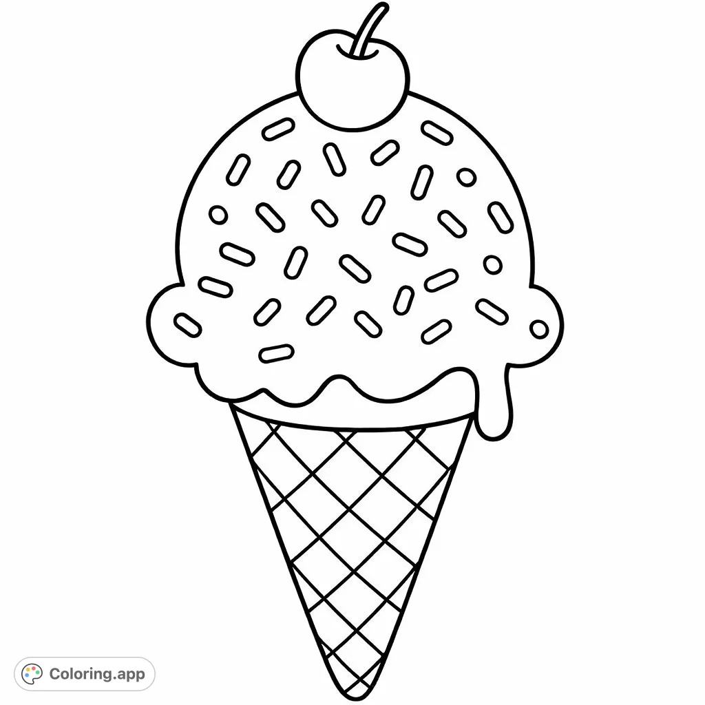 A delightful ice cream cone topped with a generous scoop, sprinkles, and a sweet cherry. This simple and fun coloring page is perfect for a sweet escape.