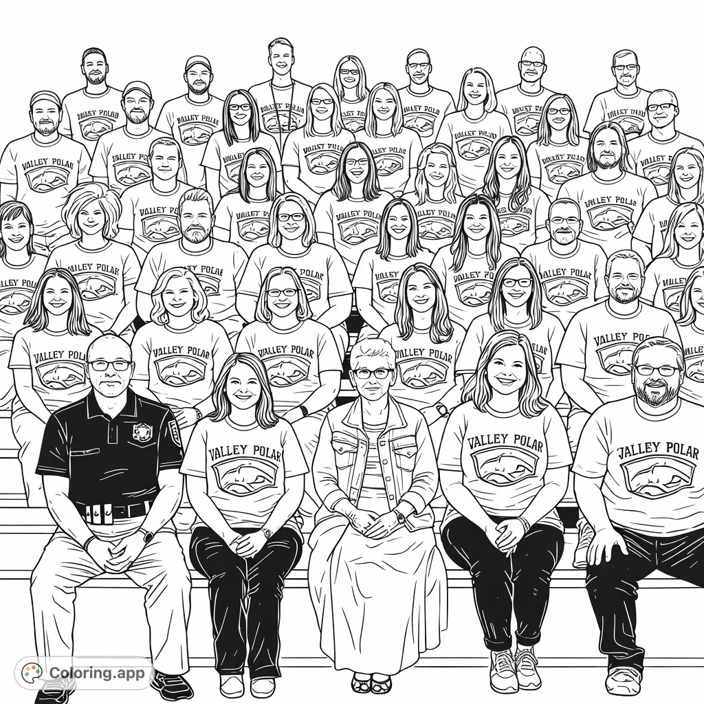 A detailed group portrait coloring page featuring numerous adults with diverse expressions, all wearing matching logo shirts. A perfect challenge for detail-oriented colorists.