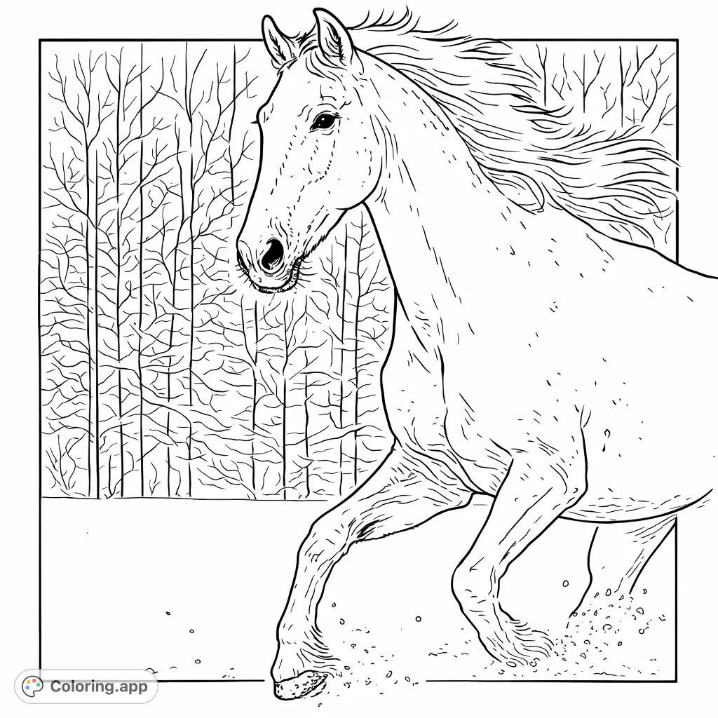 Experience the wild spirit of a powerful horse galloping through a snow-covered landscape. A dynamic and serene winter horse coloring page.