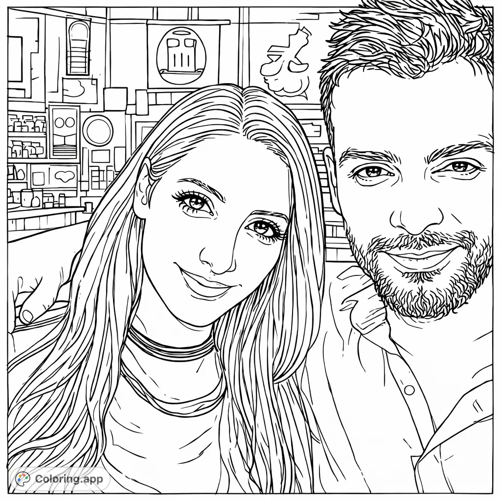Capture a special moment with this couple's portrait coloring page. Explore textures of hair and facial features in a social setting.