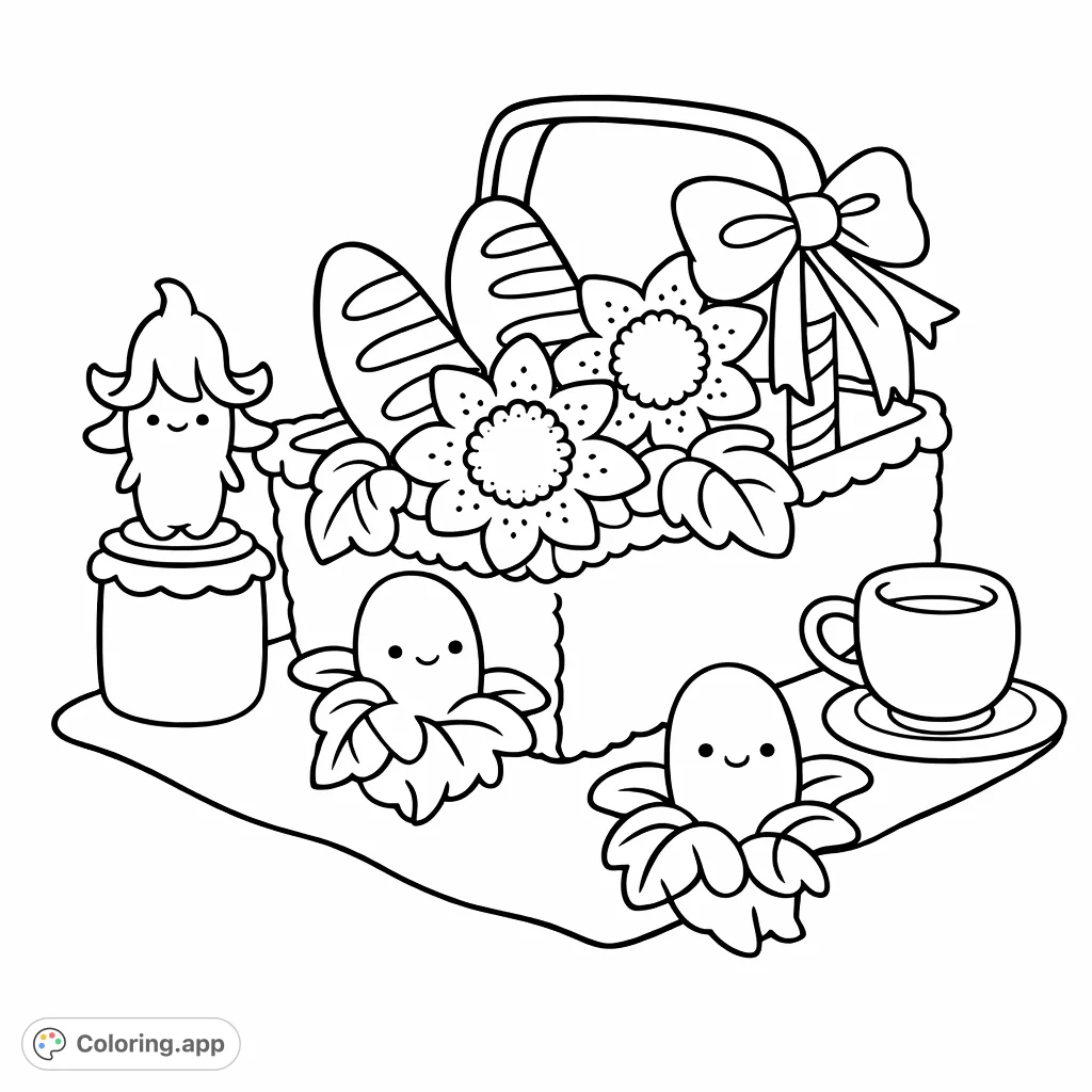 Discover a delightful picnic scene with a basket of treats, cheerful banana characters, and charming floral elements. A cute, relaxing activity!