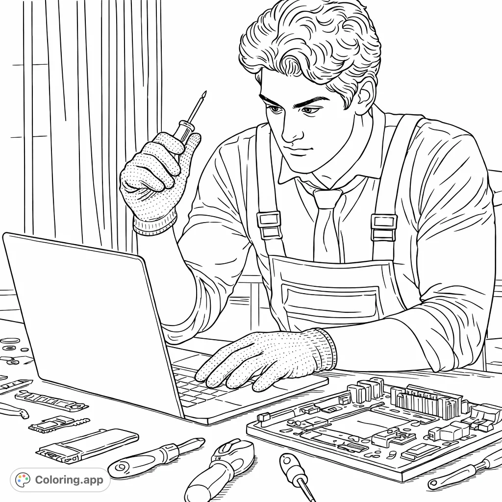 Explore a detailed electronics repair workstation with a focused technician, laptop, circuit boards, and various tools. Perfect for tech enthusiasts!