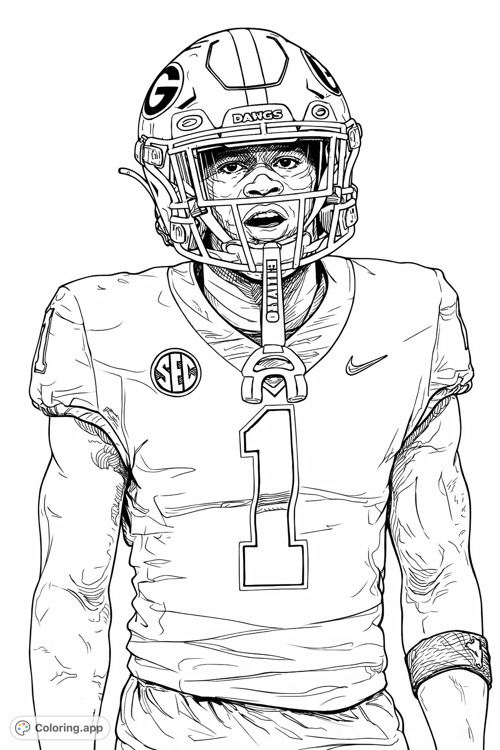 Dynamic football player in full uniform, showcasing helmet, jersey number 1, and detailed gear. Perfect for sports fans to customize with team colors.