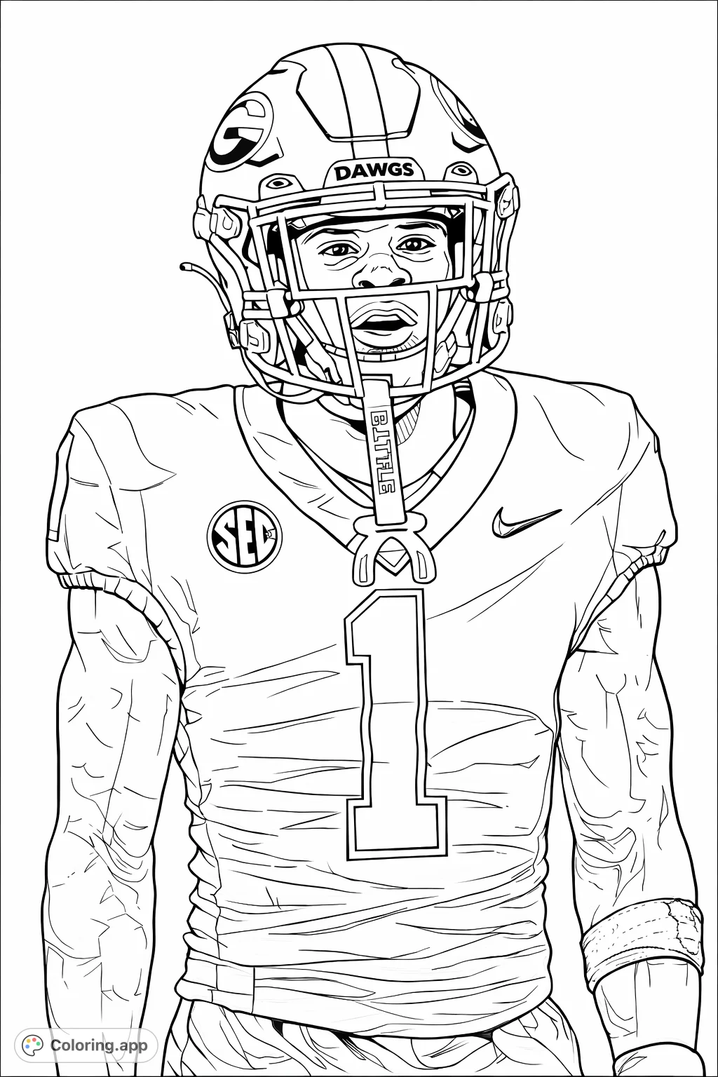 Capture the intense focus of a football player in their detailed helmet and uniform. Perfect for sports fans and aspiring athletes to color!