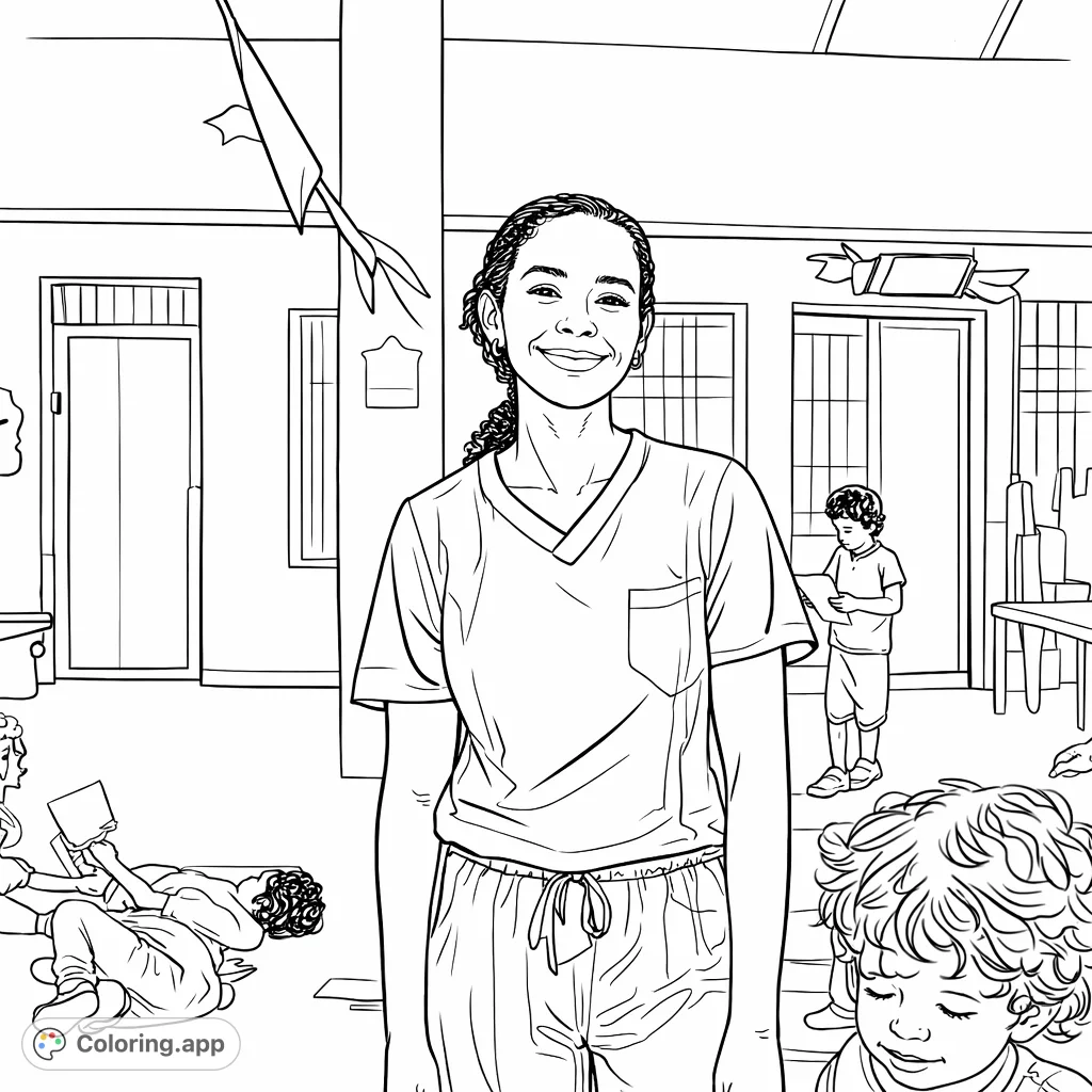 A heartwarming scene featuring a smiling professional in scrubs, surrounded by children in an indoor setting. Celebrate community and care.