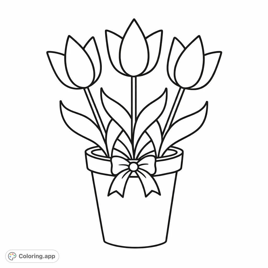 A delightful coloring page featuring three elegant tulips in a decorative pot, tied with a lovely bow. Perfect for all ages to enjoy a relaxing floral coloring experience.
