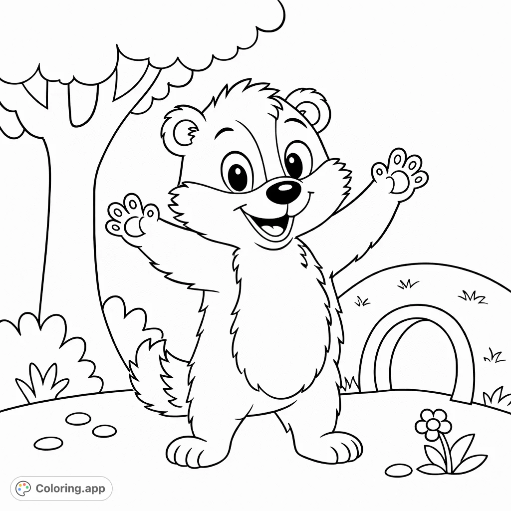 A friendly cartoon badger waves in a cheerful outdoor scene with a tree, burrow, and flower, perfect for young artists.