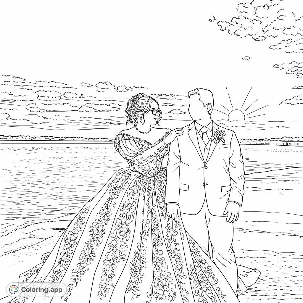 An elegant couple in formal attire stands by a tranquil body of water under an expansive sky. Features an intricate gown and a serene horizon.