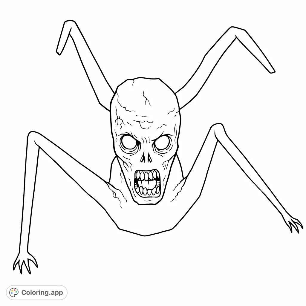 A chilling humanoid creature with spider-like limbs, perfect for a creepy coloring page experience. Dive into the shadows and unleash your creativity!