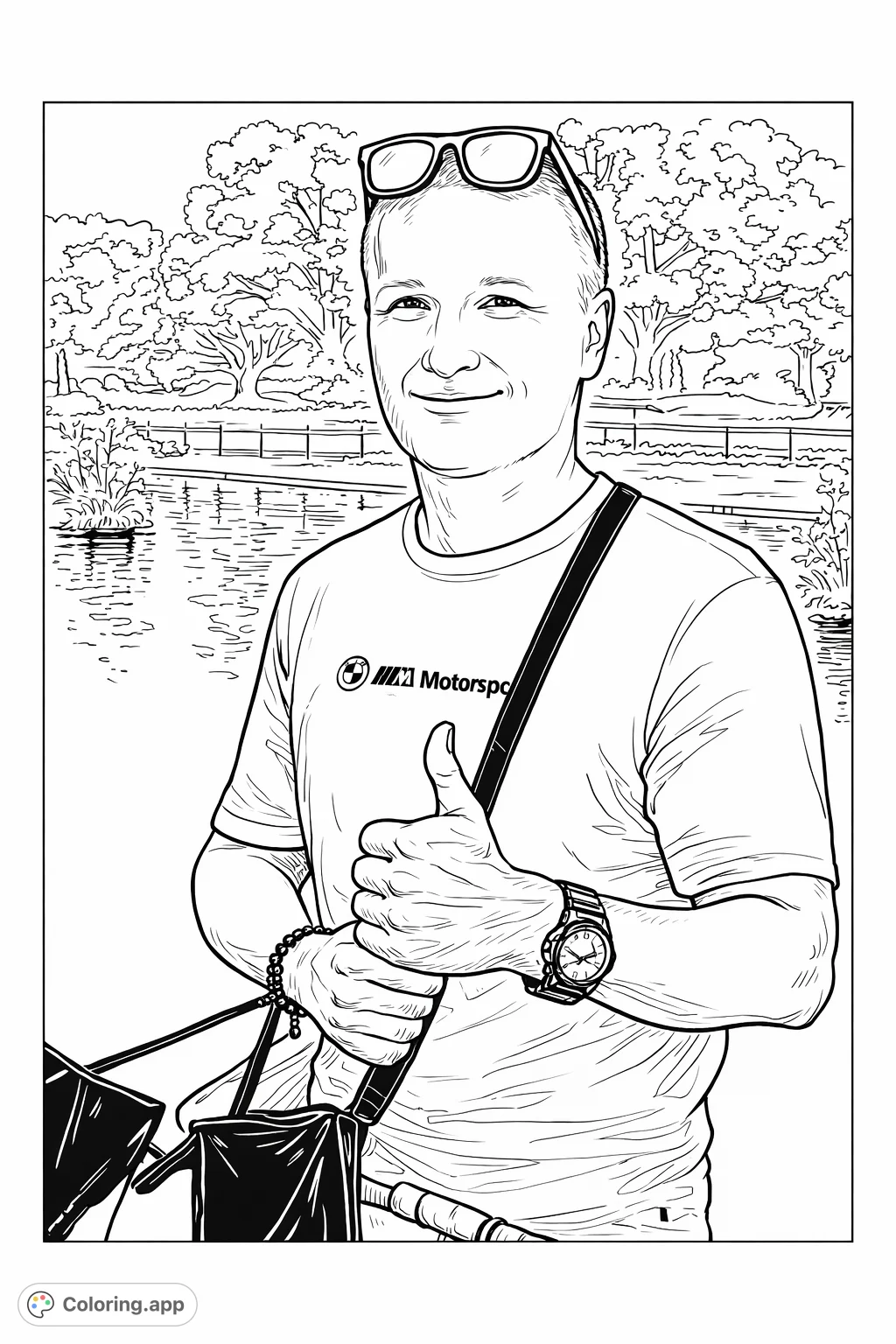 A man with sunglasses on his head, giving a thumbs up. A perfect coloring page to practice human figures and outdoor settings.