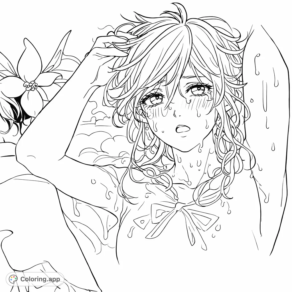 An emotional anime character in a bath, featuring a distressed expression and flowing water elements. Perfect for fans of expressive anime art.