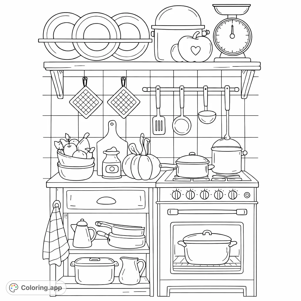 A detailed kitchen full of cookware, fresh produce, and baking tools. Perfect for culinary enthusiasts to bring to life with their creative coloring.